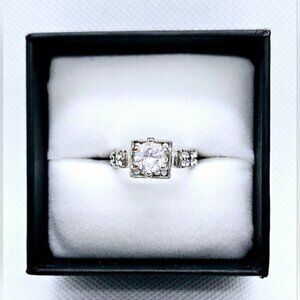 CZ Solitaire Ring Silver Tone Engagement Style Size 6.5 Classic